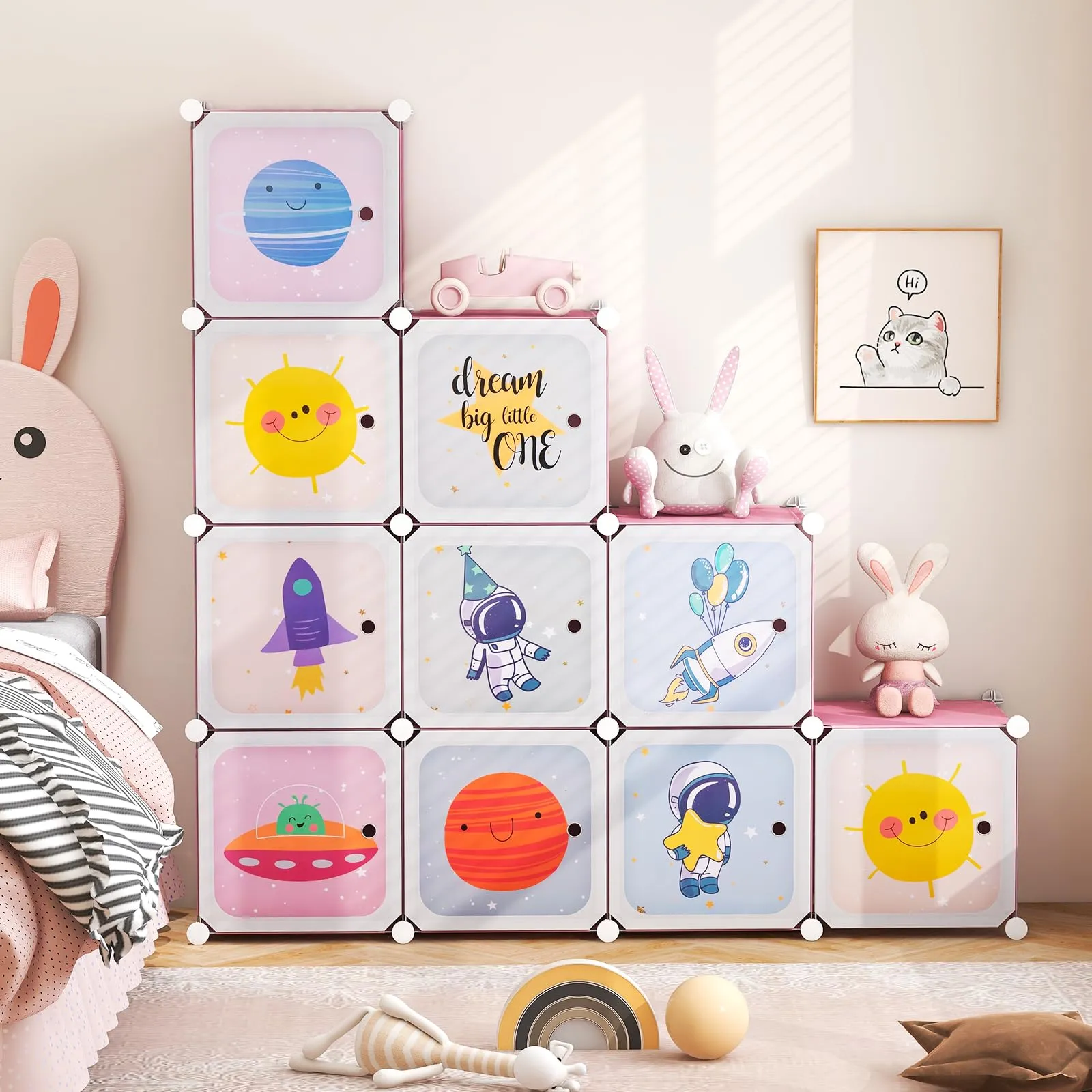 INFANS Children Wardrobe, Cute for Kids Bedroom Nursery Armoire with 12 Cube, Kid Clothes Storage Organizer