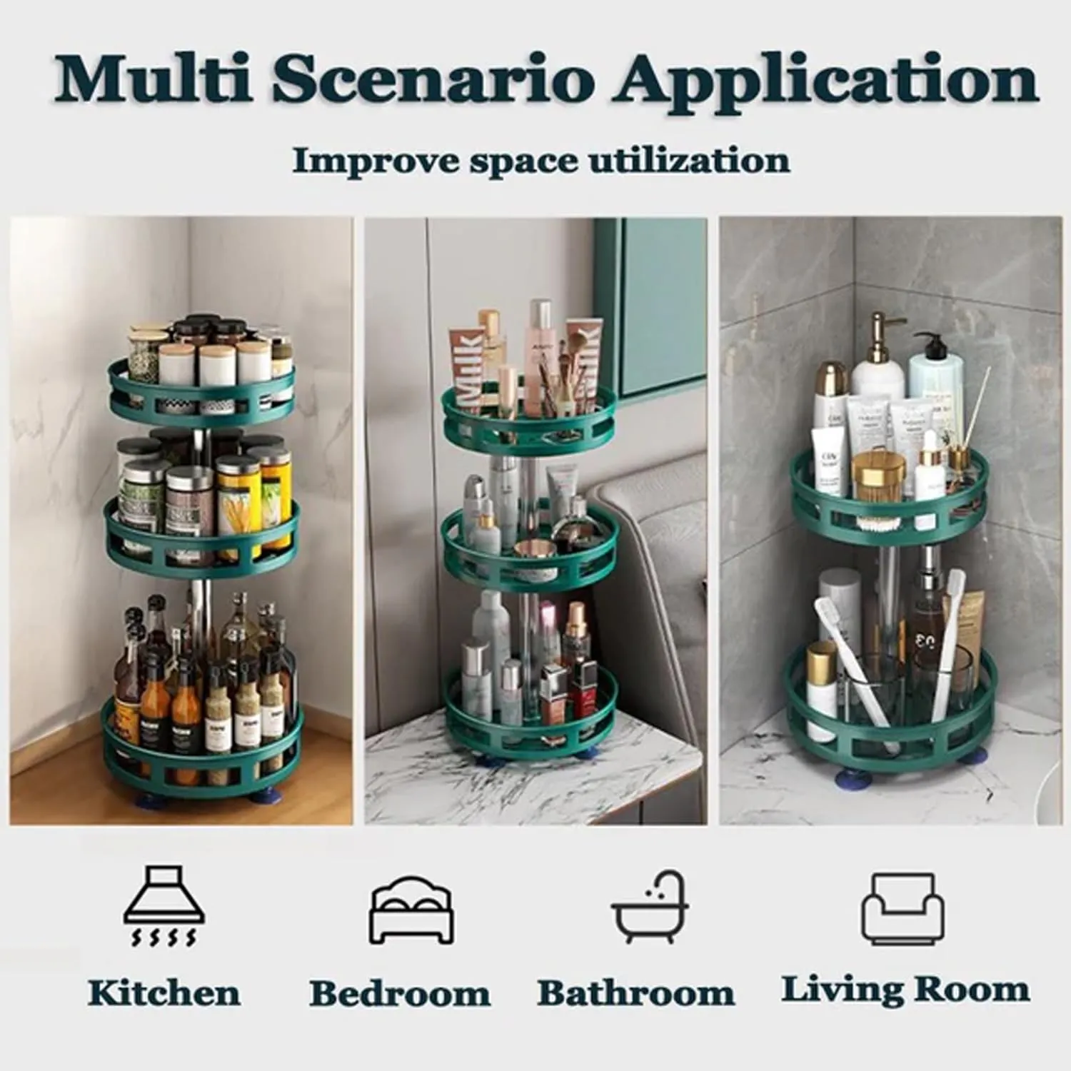 Kuber Industries 2-Layer Rotating Spice Rack|Circular Shelf For Cabinet Countertop|360-Degree Rotable Kitchen Trolley|Fruit Basket Pack of 5 (Dark Green)