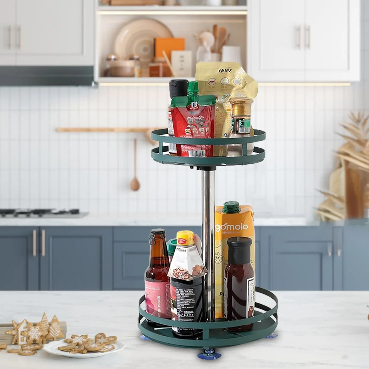 Kuber Industries 2-Layer Rotating Spice Rack|Circular Shelf For Cabinet Countertop|360-Degree Rotable Kitchen Trolley|Fruit Basket Pack of 5 (Dark Green)