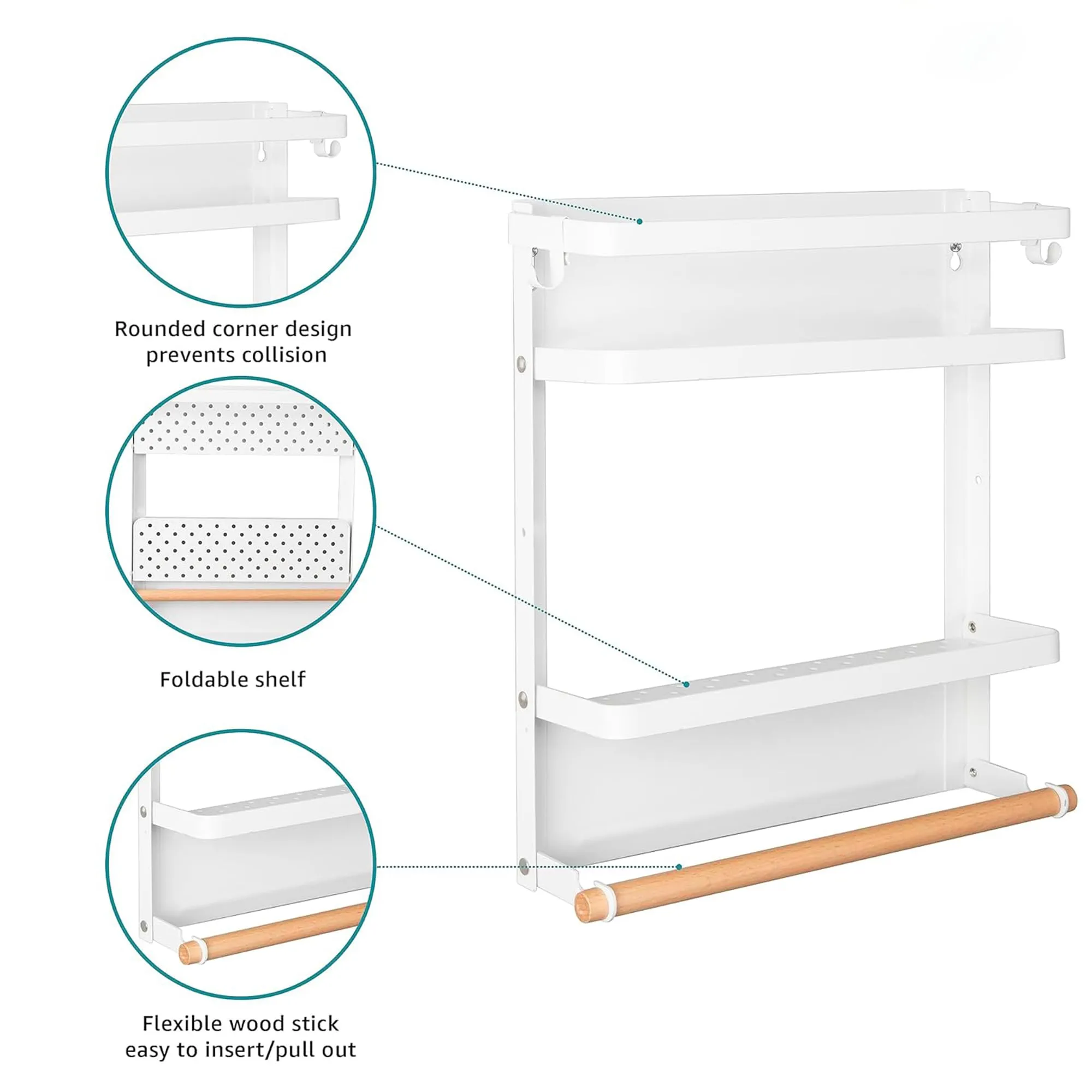 Kuber Industries 2 Tier Iron Fridge Side Rack with Single Wooden Towel/Tissue Holder Magnetic Kitchen Organizer Shelf for Refrigerator | White