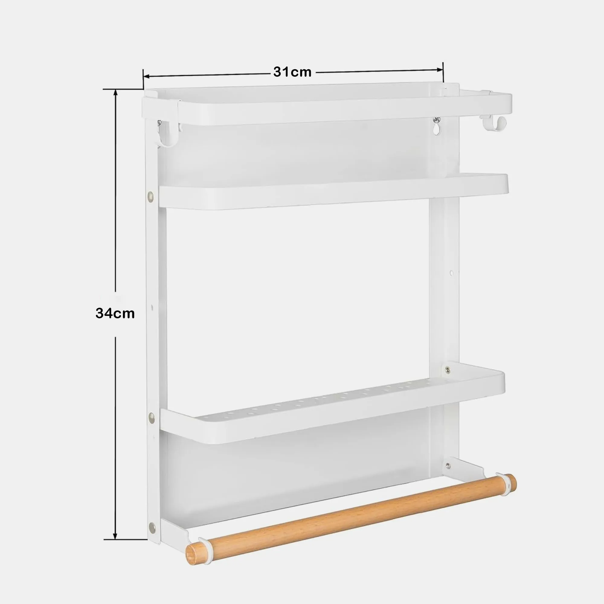 Kuber Industries 2 Tier Iron Fridge Side Rack with Single Wooden Towel/Tissue Holder Magnetic Kitchen Organizer Shelf for Refrigerator | White