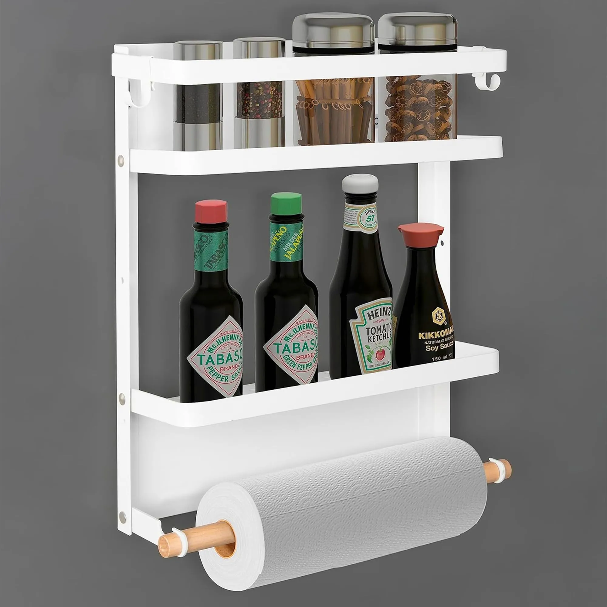 Kuber Industries 2 Tier Iron Fridge Side Rack with Single Wooden Towel/Tissue Holder Magnetic Kitchen Organizer Shelf for Refrigerator | White