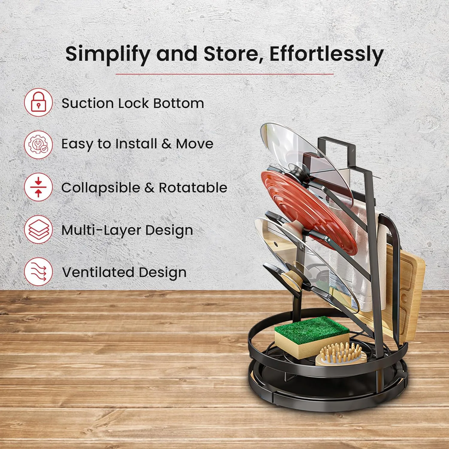Kuber Industries 3 Layer Pot Lid Holder with Removable Drain Tray| Lid Stand Rack|Heavy Duty Standing Pot Lid Holder|Cooking Pot Lid Organizer|Spoon Rest Holder Pack of 6 (Black)