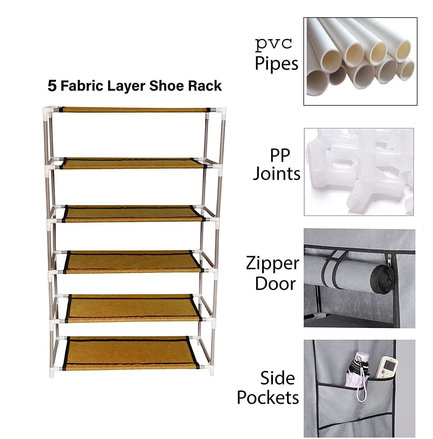 Kuber Industries Shoe Rack|Non-Woven 5 Shelves Shelf|Foldable Storage Rack Organizer for Shoe, Books-Pack of 2 (Grey)