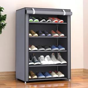 Kuber Industries Shoe Rack|Non-Woven 5 Shelves Shelf|Foldable Storage Rack Organizer for Shoe, Books-Pack of 2 (Grey)
