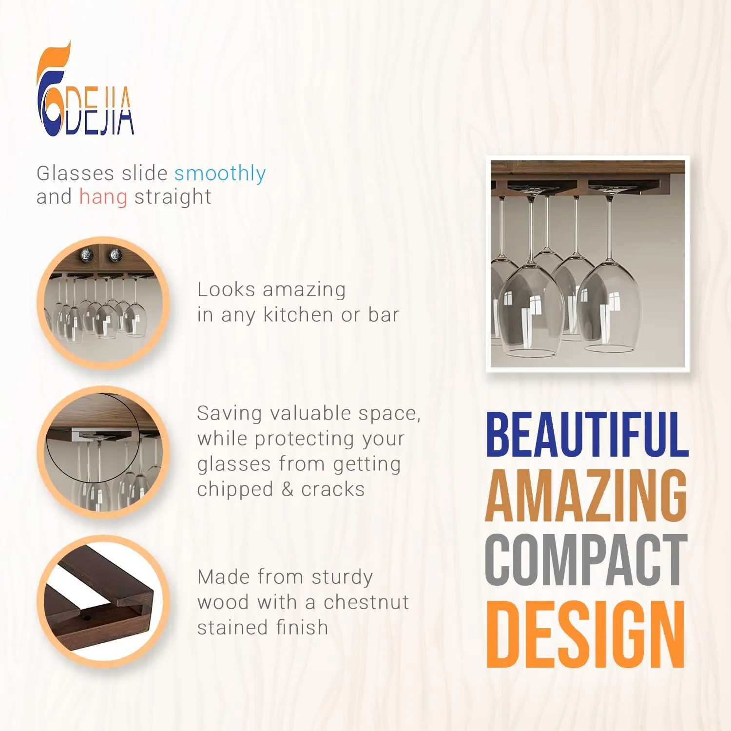 ODEJIA Stemware Glass Rack Makes Dull Kitchens or Bar Perfectly Fits 6-12 Glasses Under Cabinet