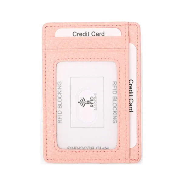 Pink Grained Leather RFID Card Holder 粉紅色真牛皮RFID安全防盜信用卡套 CH19034