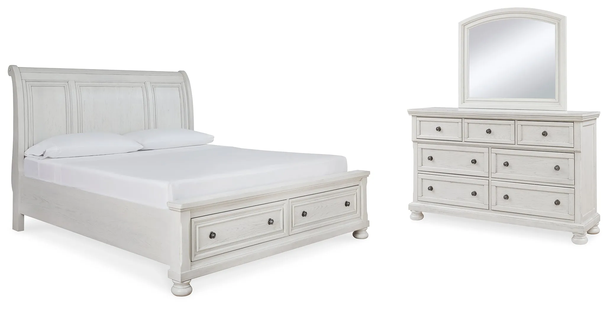 Robbinsdale Queen Sleigh Bed with Storage with Mirrored Dresser in Antique White