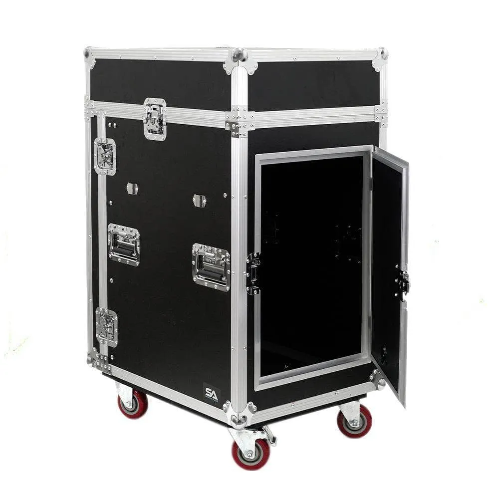 SA-PTR-14UCT - 14 Space Pro Audio DJ Road Rack Case with Mixer Top, DJ Work Table & Casters - Pro Tour Grade
