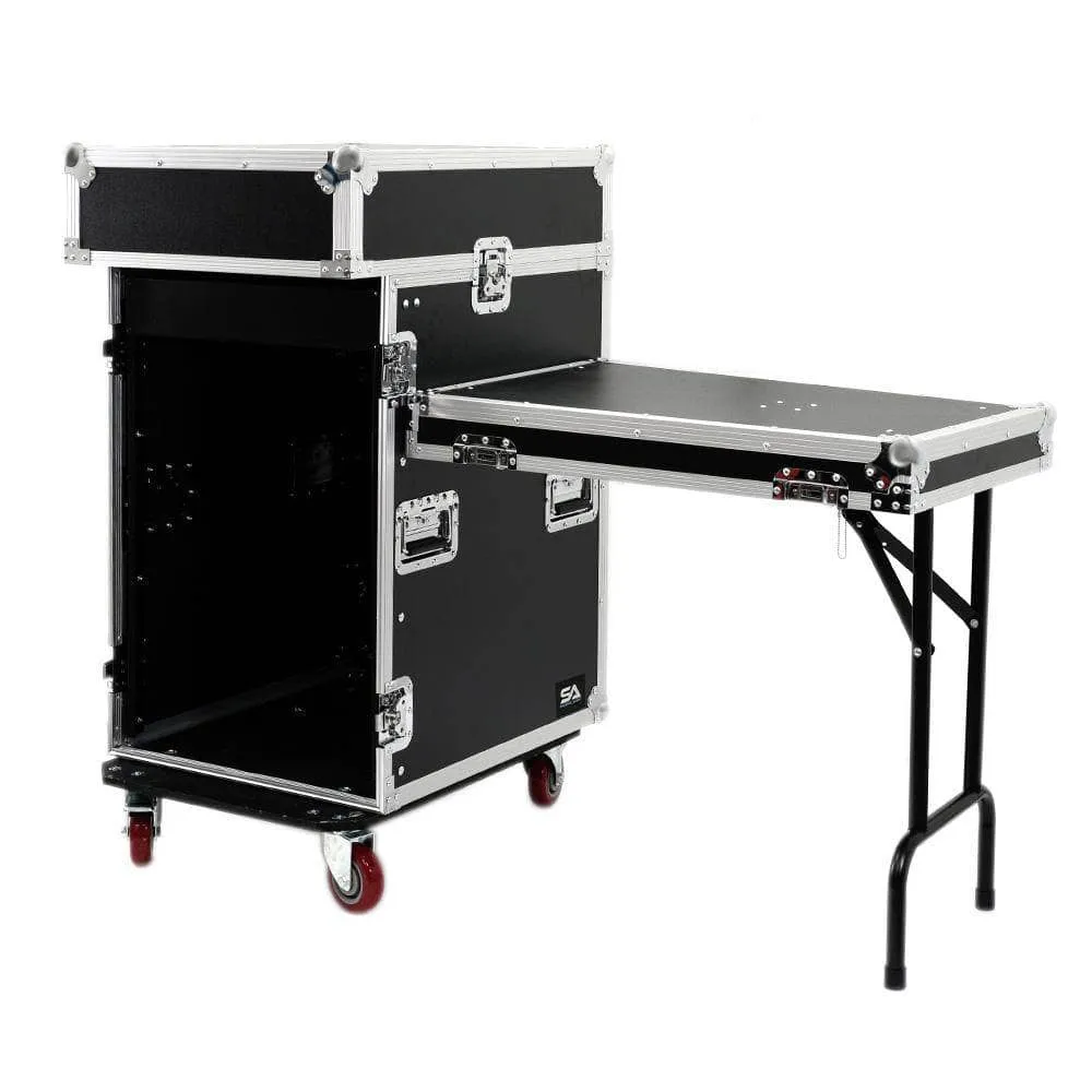 SA-PTR-14UCT - 14 Space Pro Audio DJ Road Rack Case with Mixer Top, DJ Work Table & Casters - Pro Tour Grade
