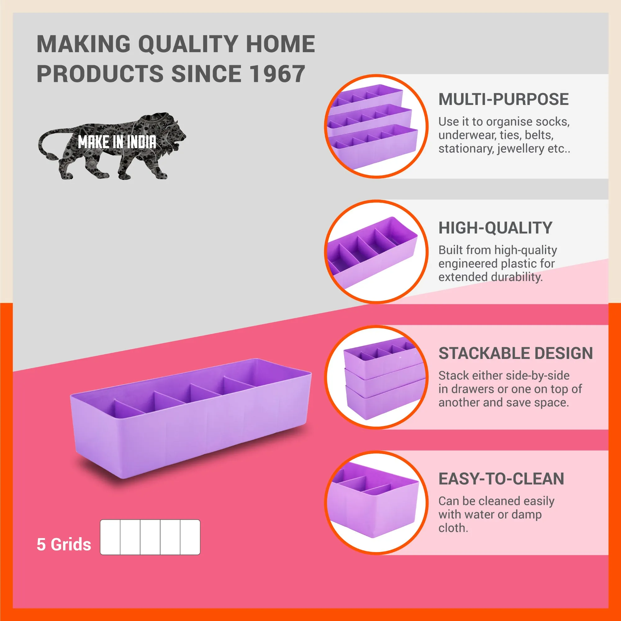 Stomo Dori Multi-Purpose Stackable Drawer Organizer For Home | Lavender - Set of 12