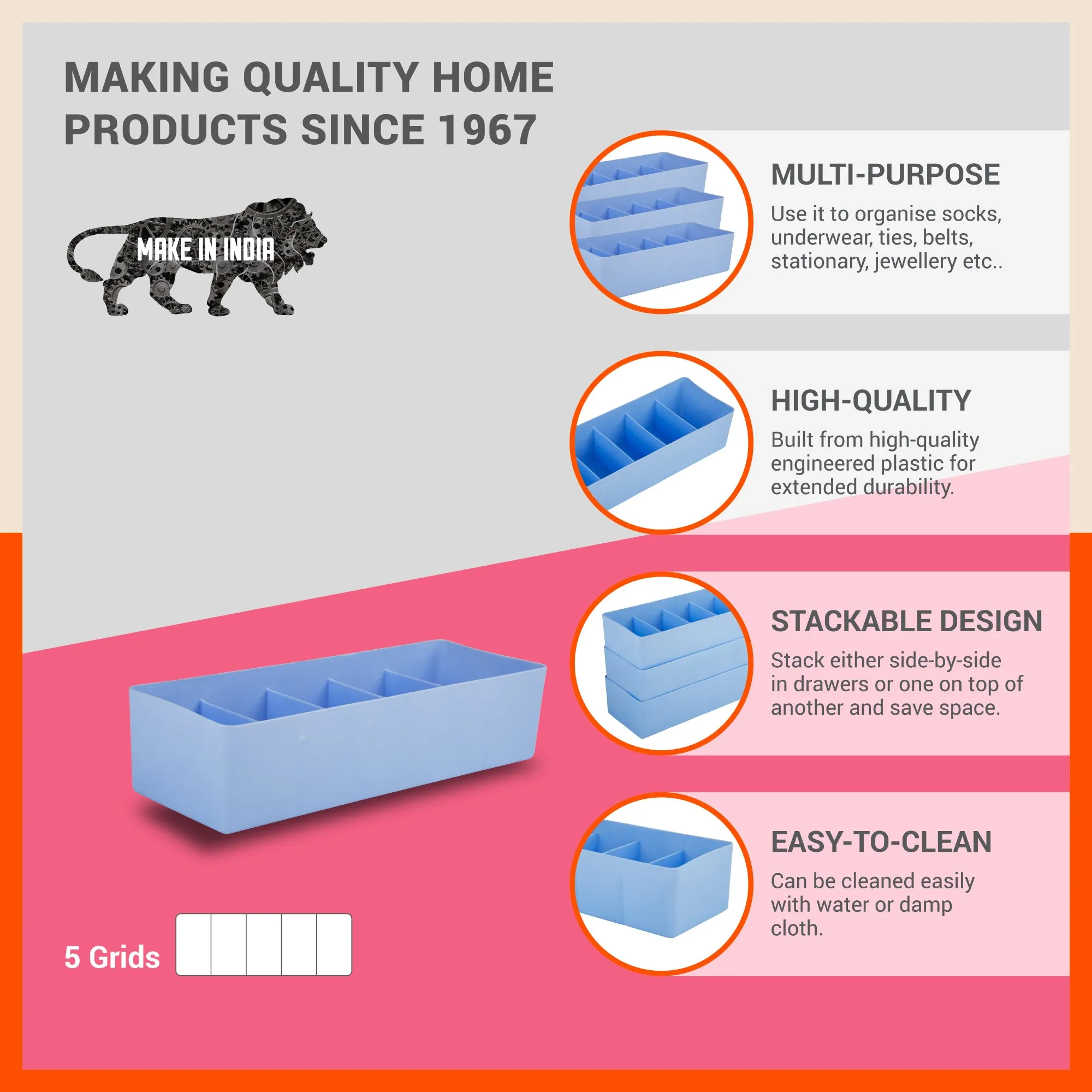 Stomo Dori Multi-Purpose Stackable Drawer Organizer For Home | Sky Blue - Set of 2