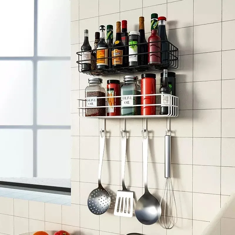 Wall Mounted Bathroom Hanging Shelf, Iron Shampoo Holder, Wall Mounted Floating Rack With Hooks, Bathroom Shower Storage Rack
