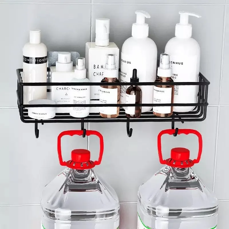 Wall Mounted Bathroom Hanging Shelf, Iron Shampoo Holder, Wall Mounted Floating Rack With Hooks, Bathroom Shower Storage Rack
