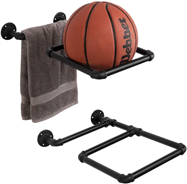 Wall Mounted Black Industrial Pipe Exercise Ball Storage Racks, Set of 2