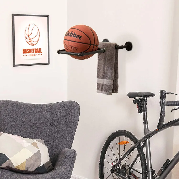 Wall Mounted Black Industrial Pipe Exercise Ball Storage Racks, Set of 2