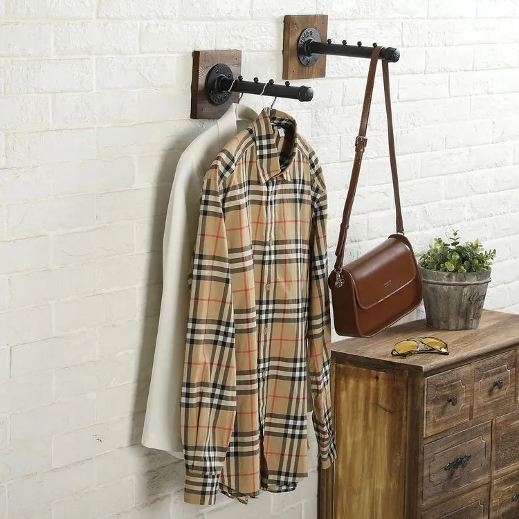Wall Mounted Garment Hanger, Industrial Style Burnt Wood and Black Metal Pipe 4-Slot Clothing Wall Rack, Valet Bar
