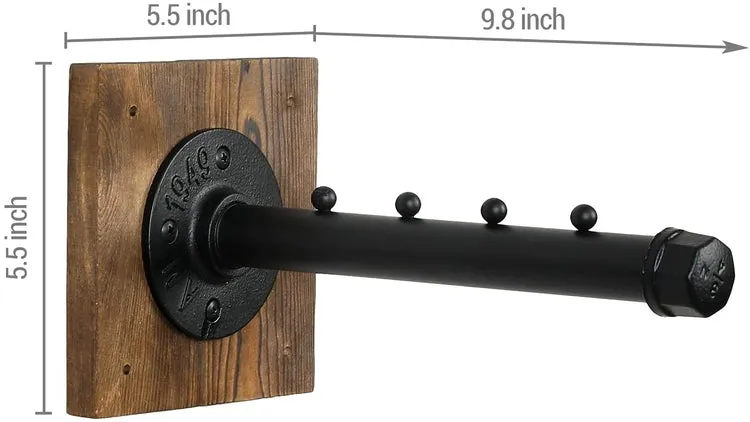 Wall Mounted Garment Hanger, Industrial Style Burnt Wood and Black Metal Pipe 4-Slot Clothing Wall Rack, Valet Bar