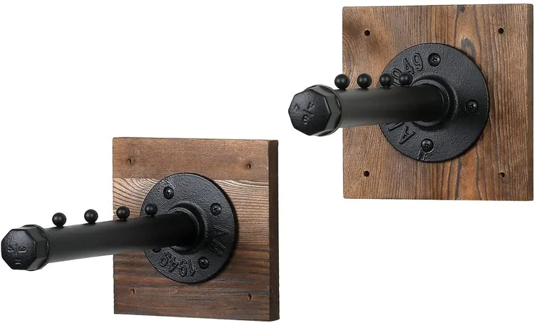 Wall Mounted Garment Hanger, Industrial Style Burnt Wood and Black Metal Pipe 4-Slot Clothing Wall Rack, Valet Bar