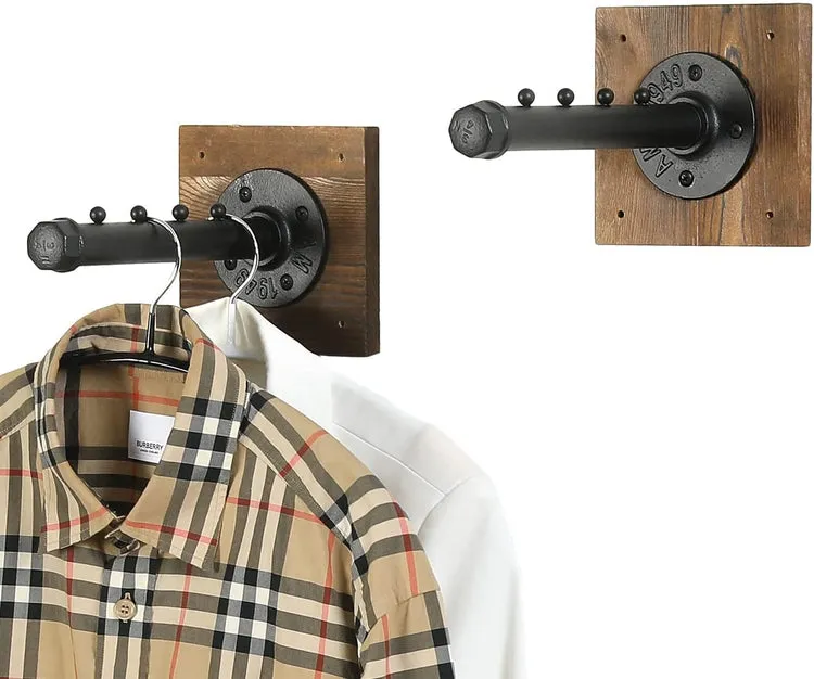 Wall Mounted Garment Hanger, Industrial Style Burnt Wood and Black Metal Pipe 4-Slot Clothing Wall Rack, Valet Bar