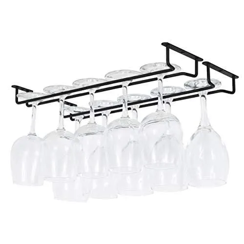 Wallniture Brix Wine Glass Holder Under Cabinet Organization and Storage for Kitchen Decor, Black Iron 17 Inch Set of 2
