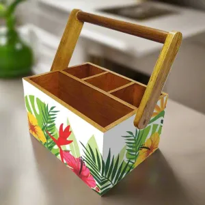 Wooden Cutlery Napkin Holder Condiment Rack Kitchen With Handle - Flower