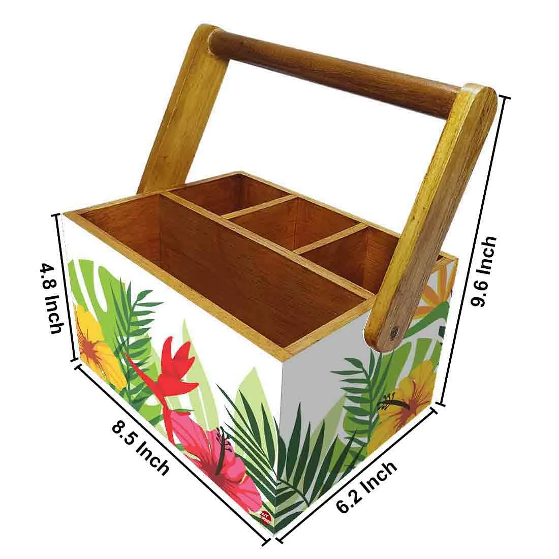 Wooden Cutlery Napkin Holder Condiment Rack Kitchen With Handle - Flower