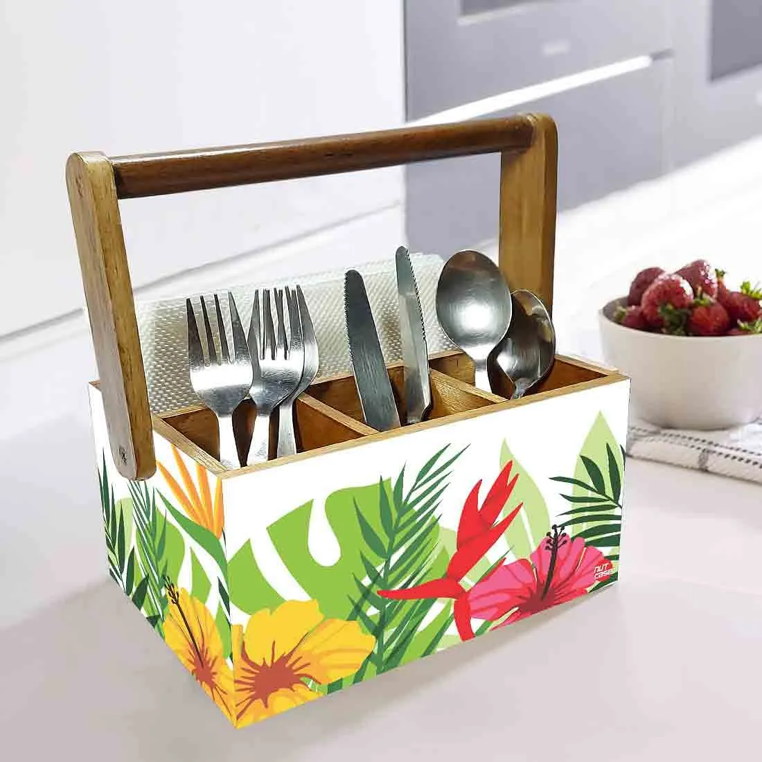Wooden Cutlery Napkin Holder Condiment Rack Kitchen With Handle - Flower