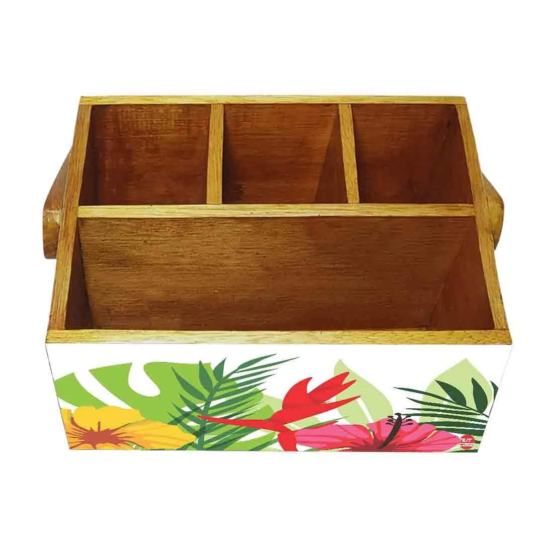 Wooden Cutlery Napkin Holder Condiment Rack Kitchen With Handle - Flower