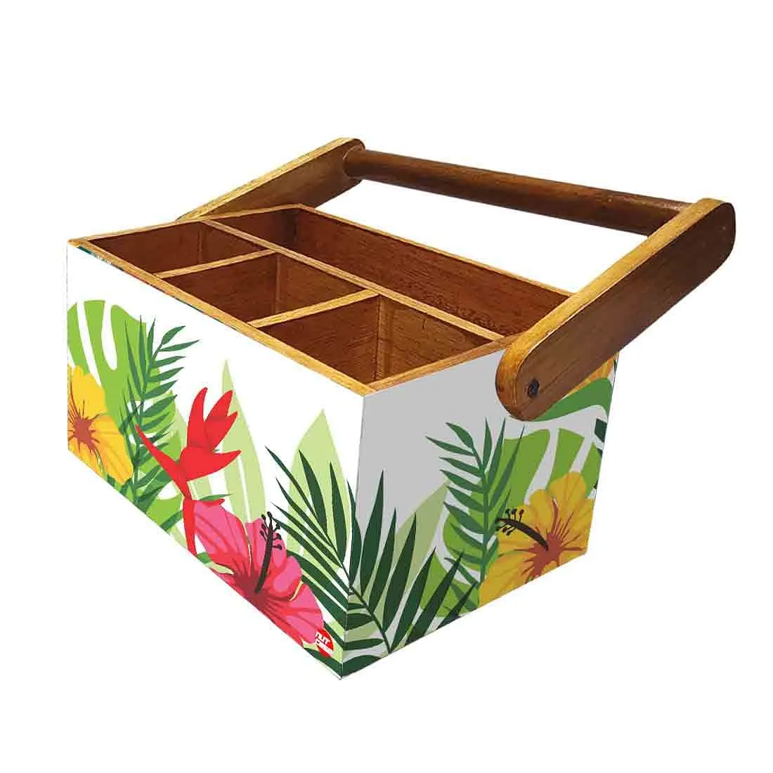 Wooden Cutlery Napkin Holder Condiment Rack Kitchen With Handle - Flower