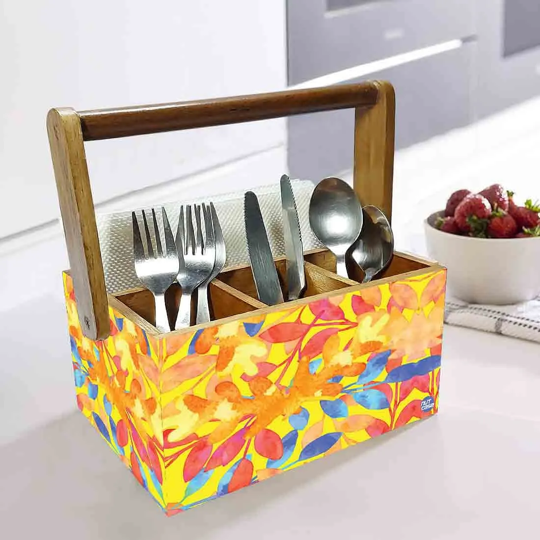 Wooden Silverware Caddy for Restaurant Cutlery Holder With Handle - Yellow Flower
