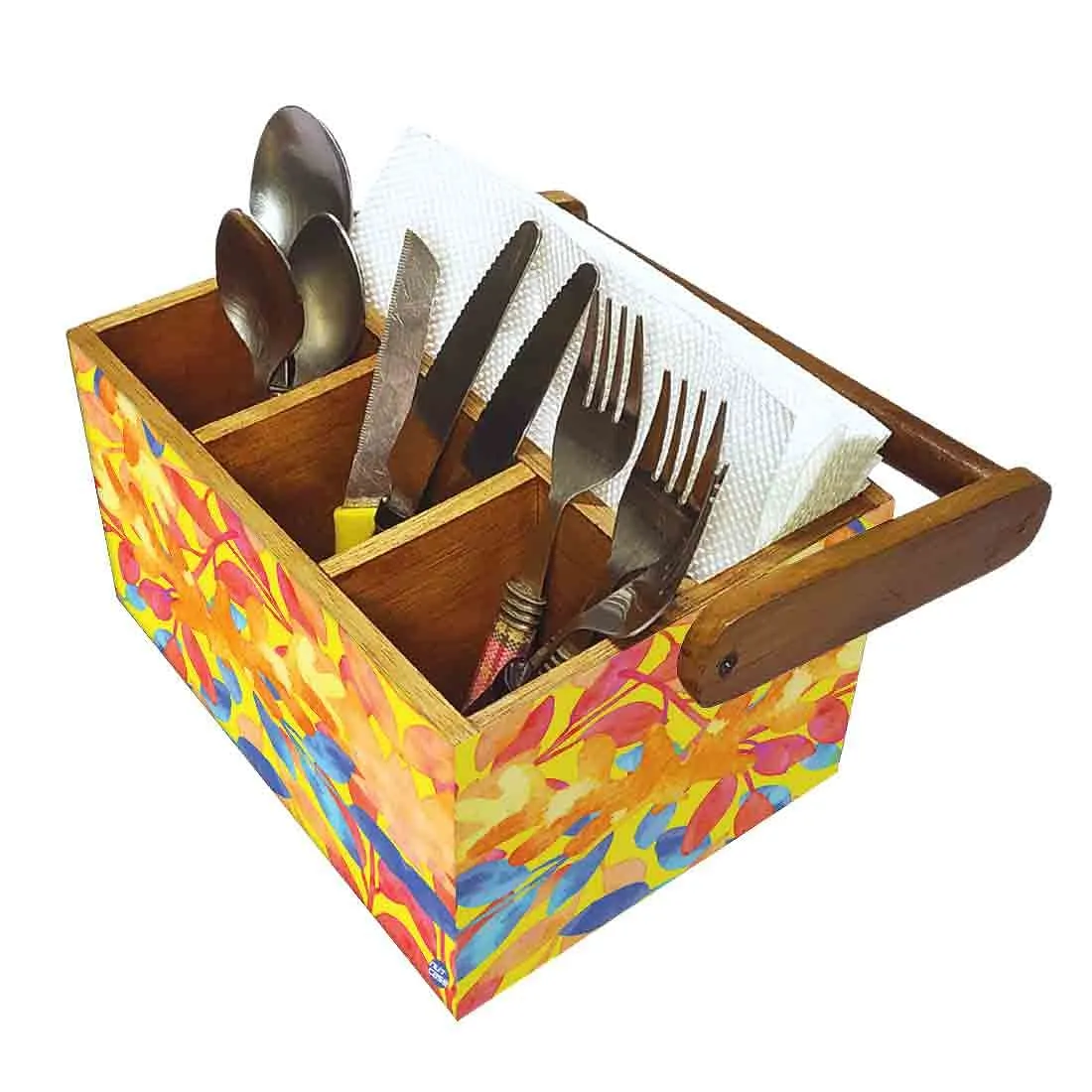 Wooden Silverware Caddy for Restaurant Cutlery Holder With Handle - Yellow Flower