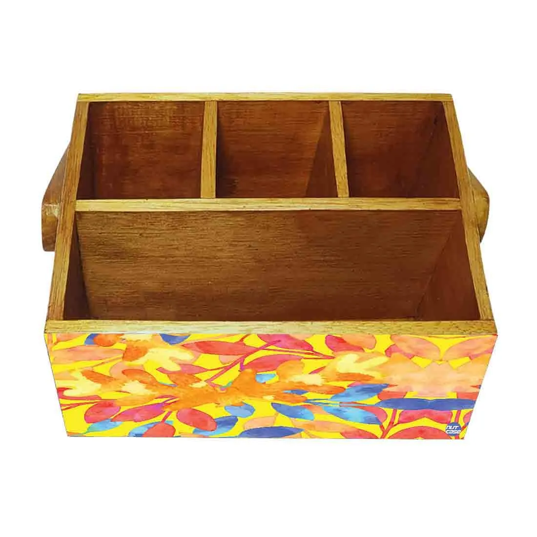 Wooden Silverware Caddy for Restaurant Cutlery Holder With Handle - Yellow Flower