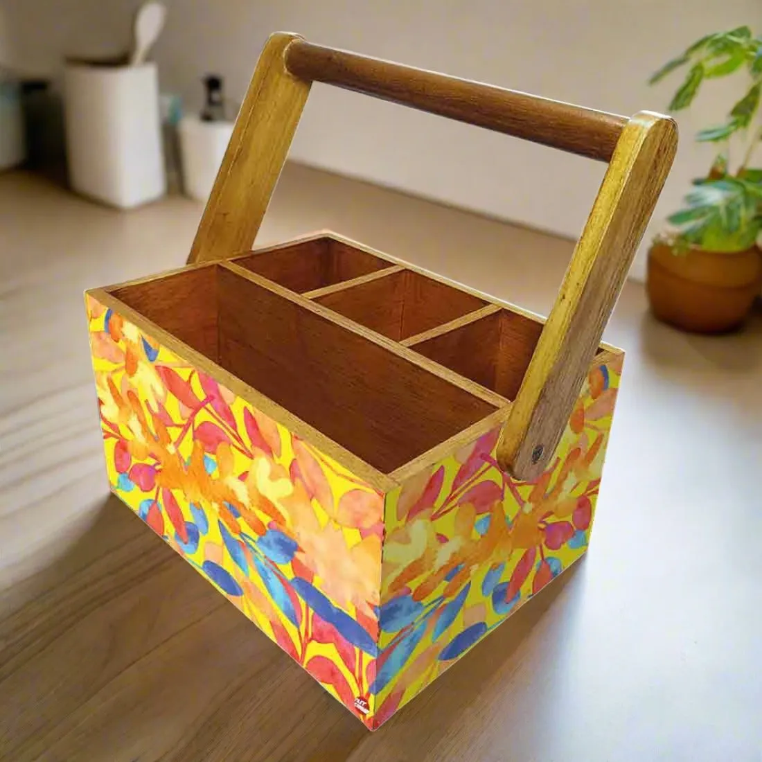 Wooden Silverware Caddy for Restaurant Cutlery Holder With Handle - Yellow Flower