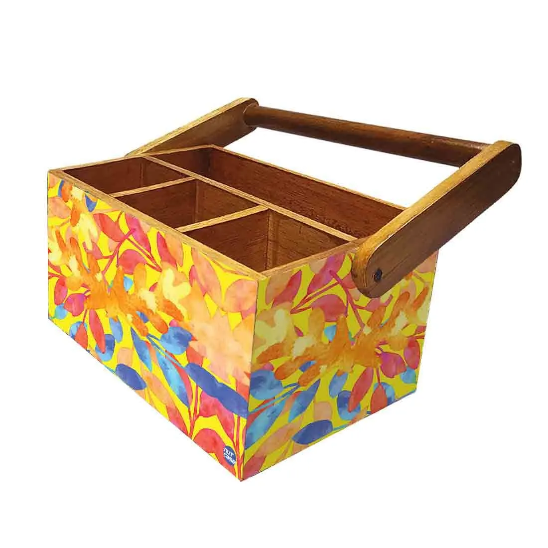 Wooden Silverware Caddy for Restaurant Cutlery Holder With Handle - Yellow Flower