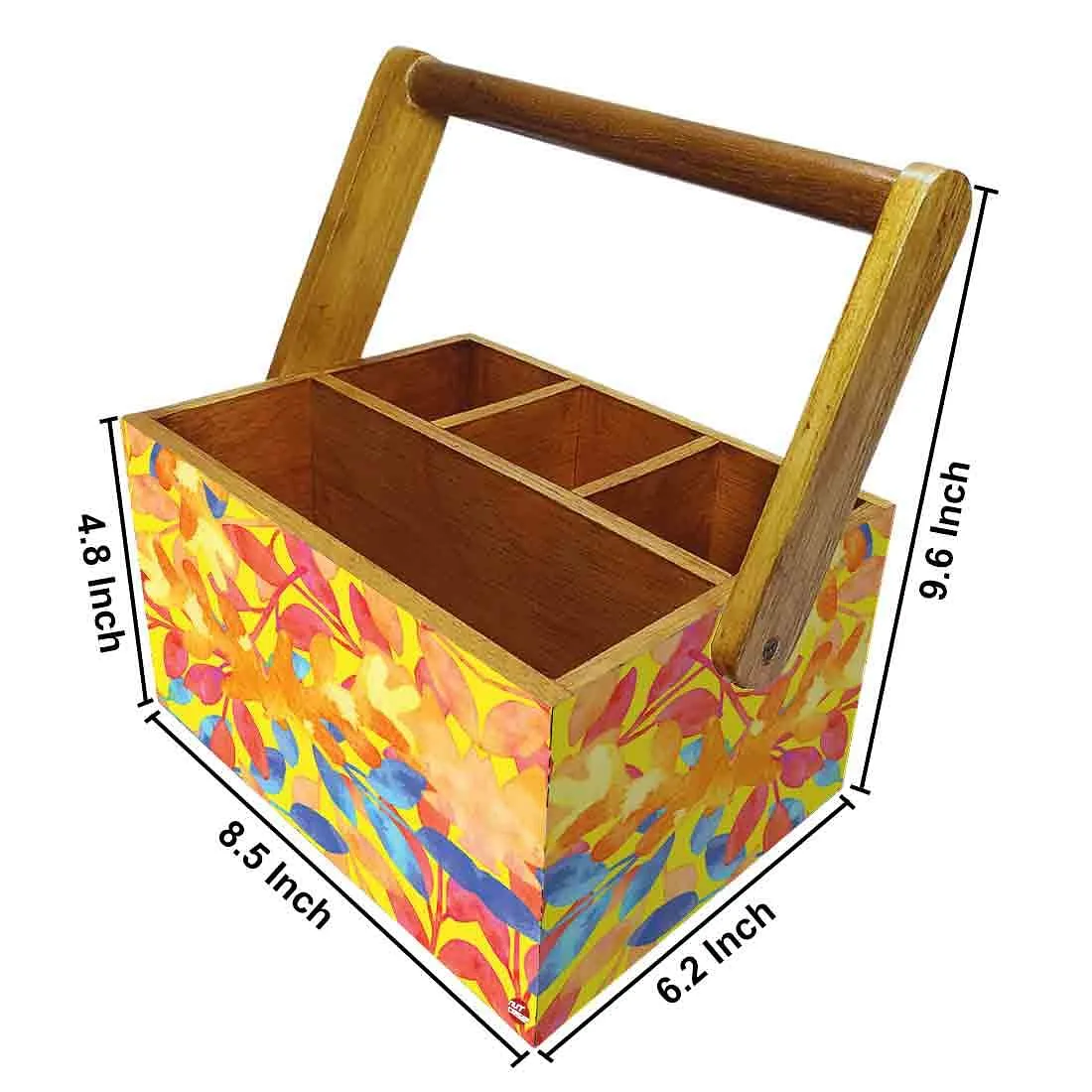 Wooden Silverware Caddy for Restaurant Cutlery Holder With Handle - Yellow Flower